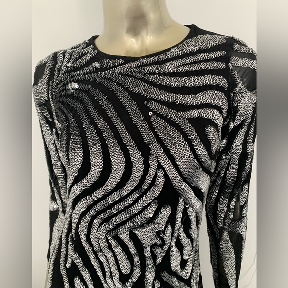 Black silver metallic Beaded sequin Dress long sleeve mini size 6 zebra print - Picture 5 of 11